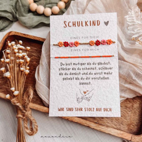 Schulkind KOMBI 2er Set - Armband mit Karte | Blumen bunt + orange basic